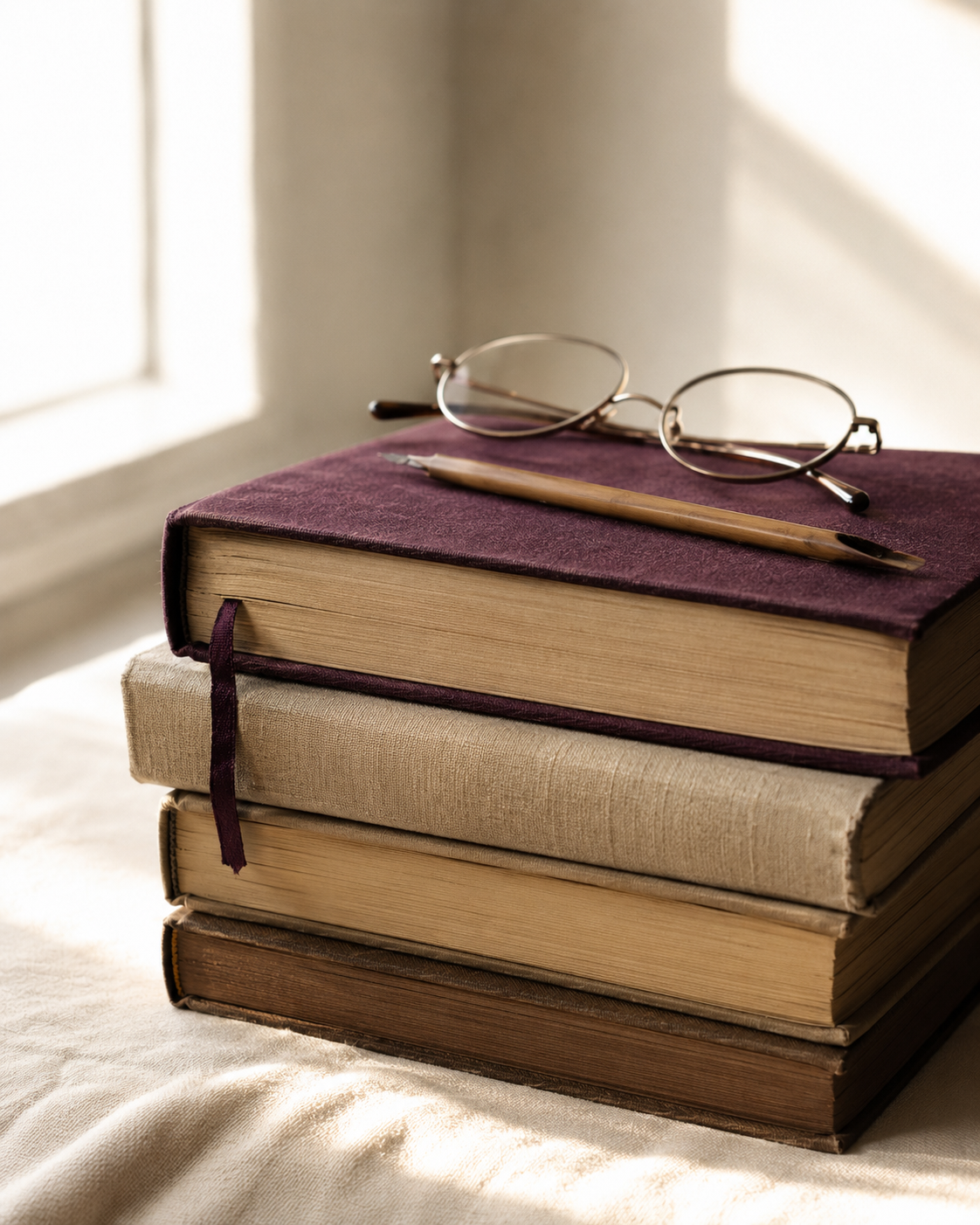 Pile de livres anciens reliés, dont un de couleur lie-de-vin, avec des lunettes et un crayon, dans une lumière douce